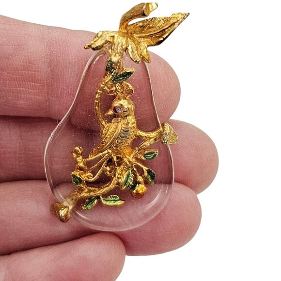 Tancer II Jelly Clear Lucite Pear Partridge Bird Leaf Brooch Pin Signed - Picture 2 of 9